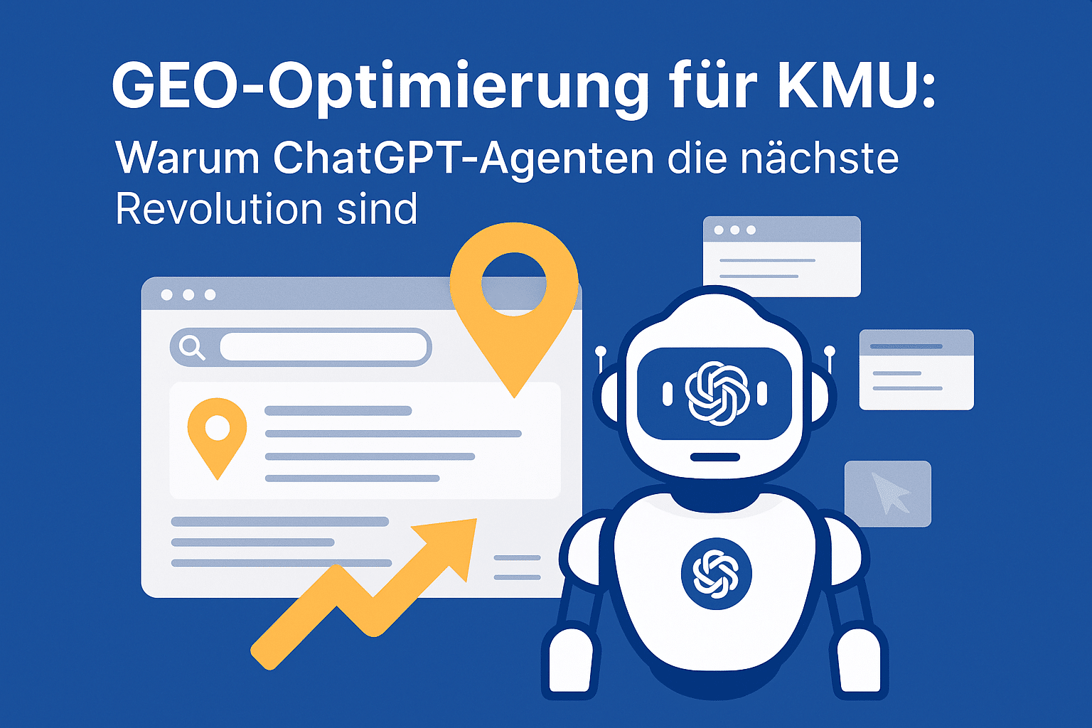 Illustration zeigt ChatGPT-Agenten, die automatisierte Aufgaben wie Reservierungen und Buchungen für KMU durchführen