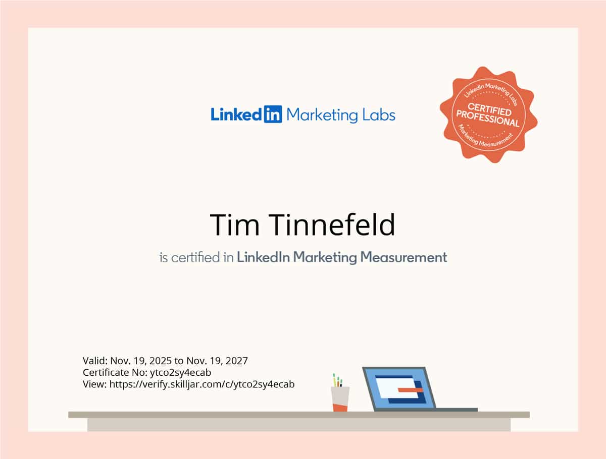 Offizielles LinkedIn Certified Professional Siegel für Marketing Measurement und Erfolgsmessung.