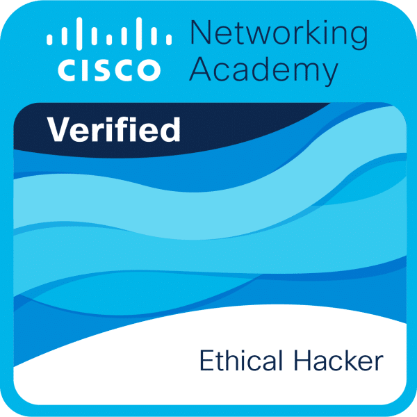Cisco Networking Academy Badge für die Qualifikation als Ethical Hacker und Cybersecurity.