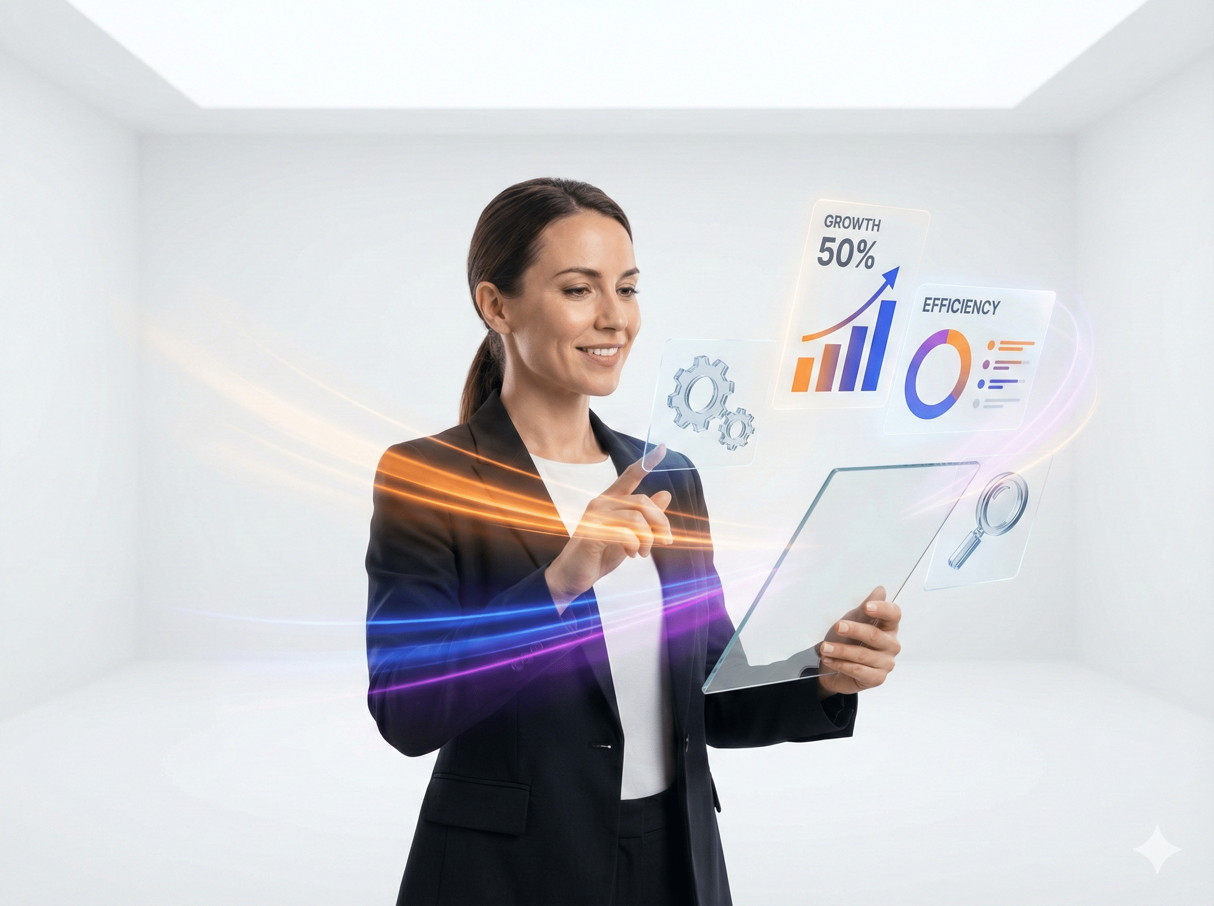 Digital-Consultant analysiert holografische Daten zur Prozessautomatisierung und SEO-Performance – Symbolbild für Trofy KI-Agentur Erlangen.