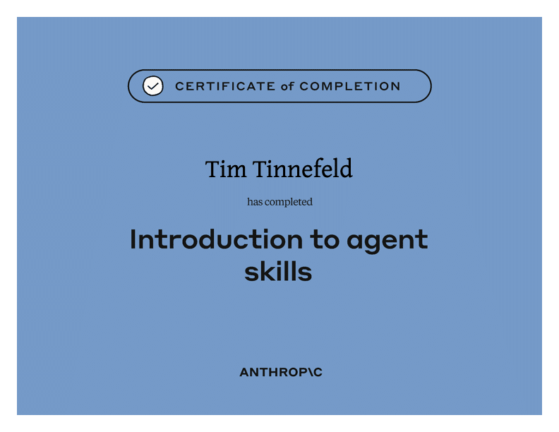 Anthropic-Zertifikat Introduction to Agent Skills — Tim Tinnefeld, Trofy