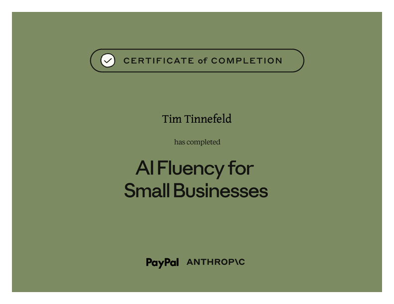 Anthropic-Zertifikat AI Fluency for Small Businesses — Tim Tinnefeld, Trofy