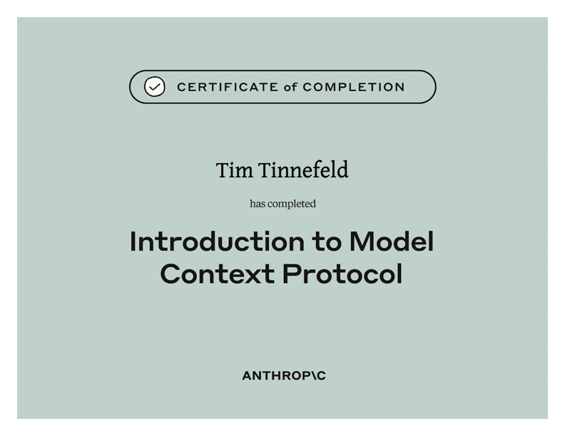 Anthropic-Zertifikat Introduction to Model Context Protocol — Tim Tinnefeld, Trofy