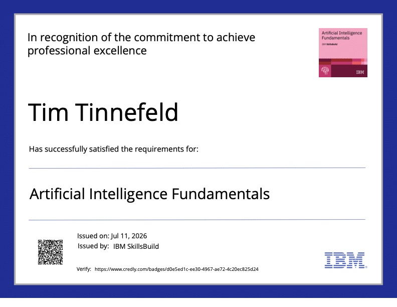 IBM SkillsBuild Zertifikat Artificial Intelligence Fundamentals — Tim Tinnefeld, Trofy